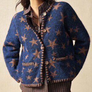 Blue Boho Style Women's Star Jacquard Knit Cardigan